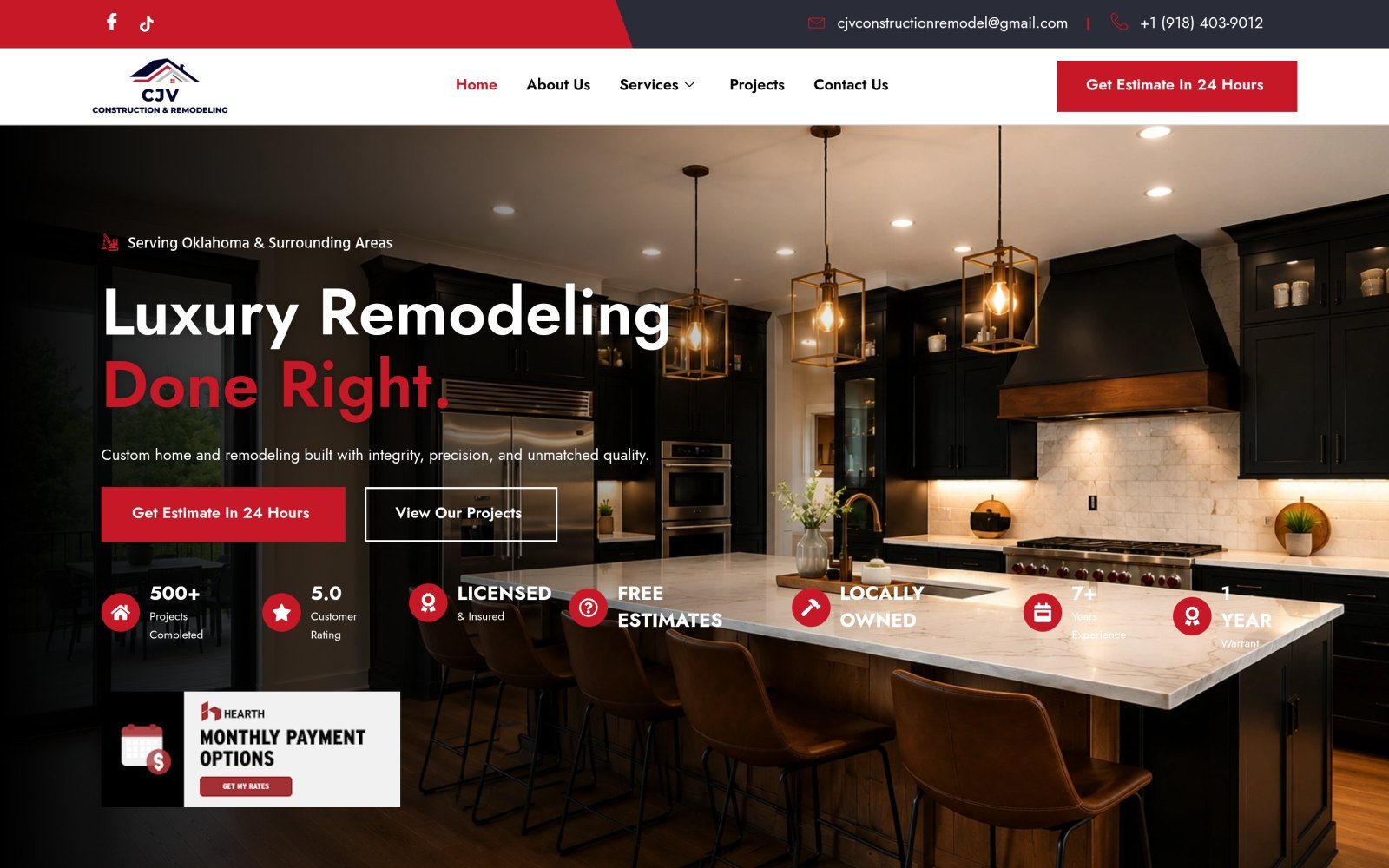 Homepage of the CJV Construction & Remodeling website, designed and built by Developers Dom