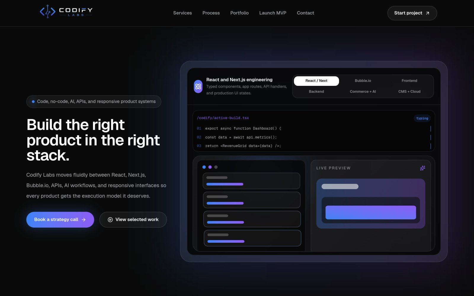 Homepage of the Codify Labs website, designed and built by Developers Dom