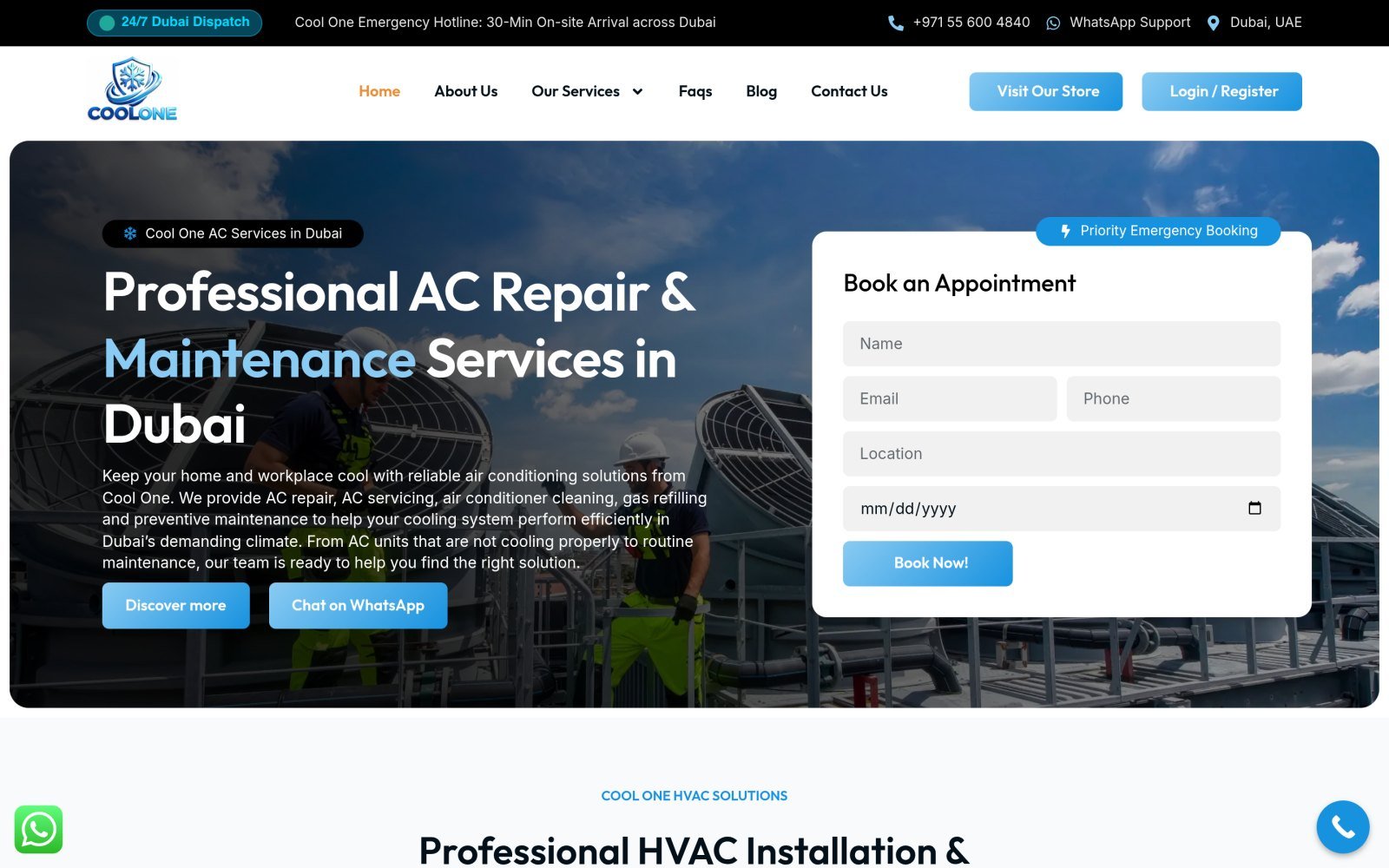 Homepage of the Cool One AC website, designed and built by Developers Dom