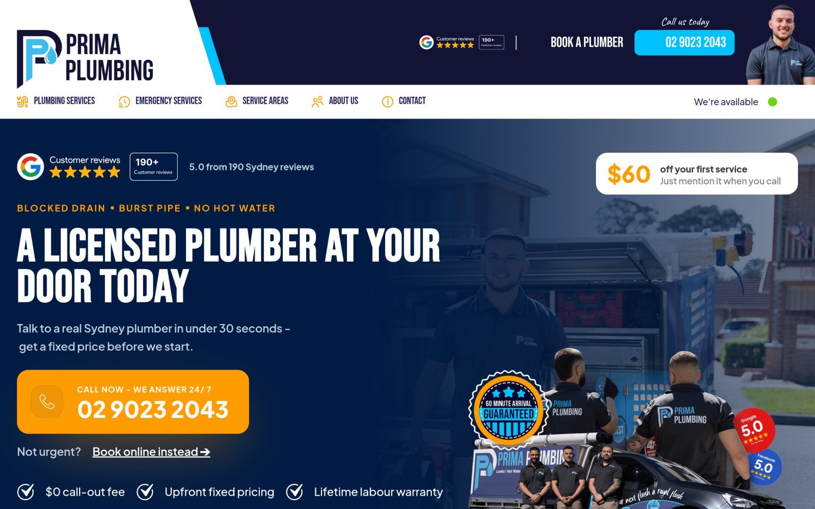 Homepage of the Prima Plumbing website, designed and built by Developers Dom